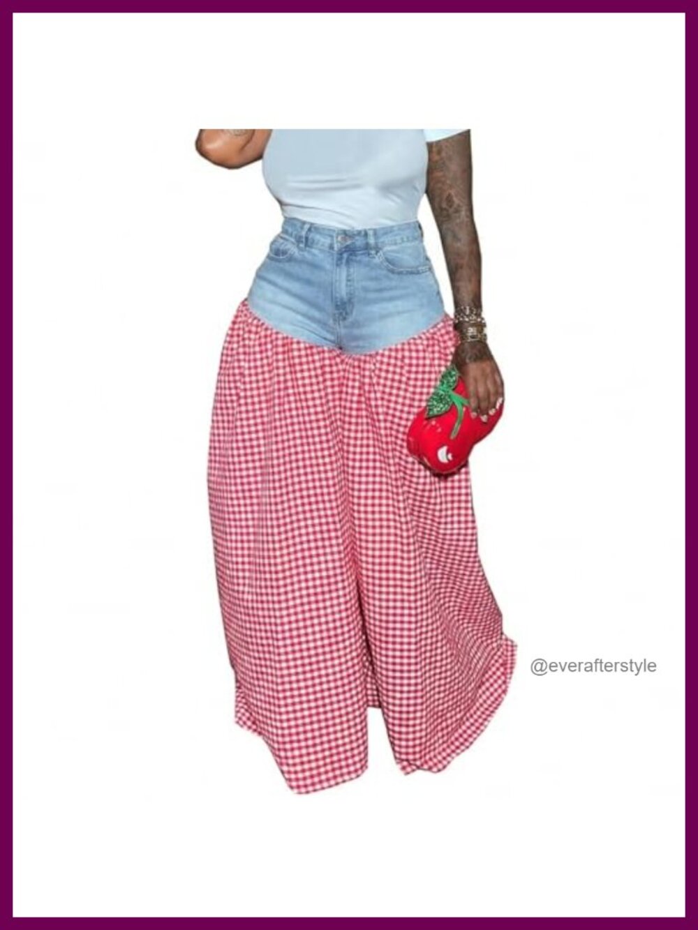 Wide Leg High Rise Stretchy Denim Jeans Checkered Patchwork Loose Casual Trouser